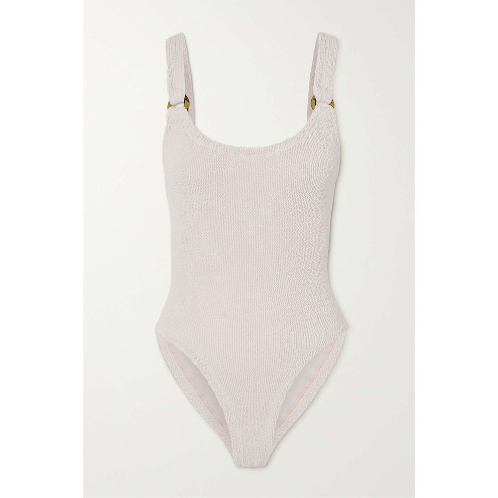 HUNZA G + NET SUSTAIN Domino embellished metallic seersucker swimsuit